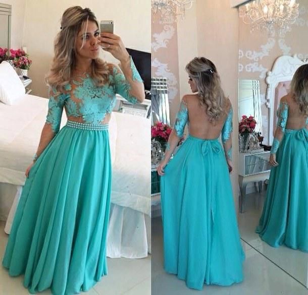 A-Line Long Sleeves Lace Prom DressesChiffon Long Evening Gowns with Beadings BT00
