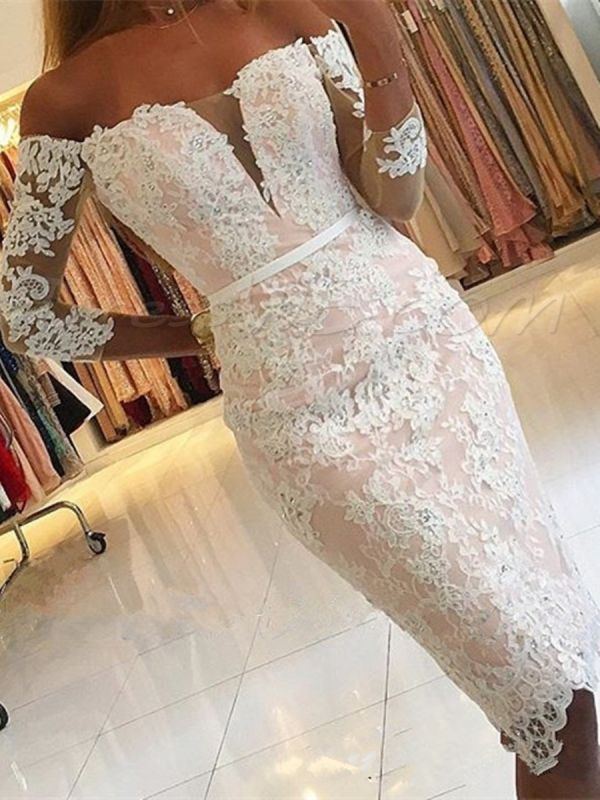 Jolie robe de soirée en dentelle à épaules dénudées et manches 3/4 | Robe de soirée courte