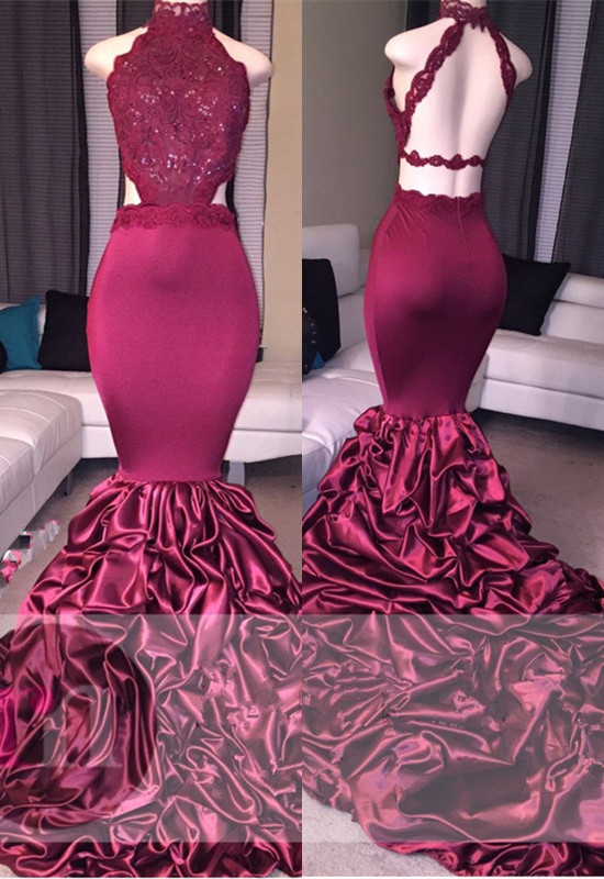 Lace Mermaid Beads Open Back Formal Dresses | High Neck New Arrival Prom Dresses