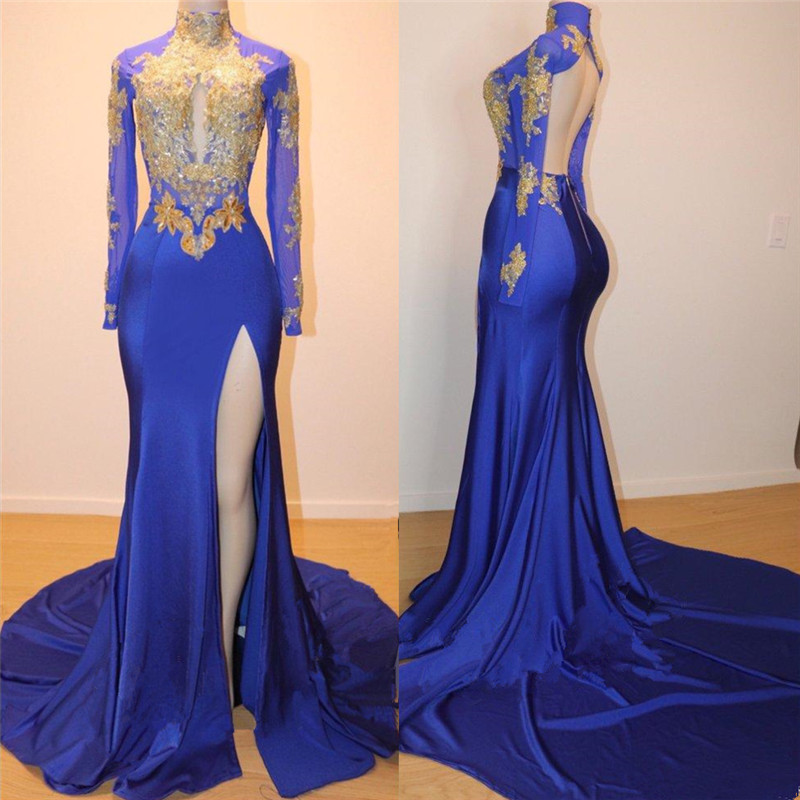 royal blue and gold long dress