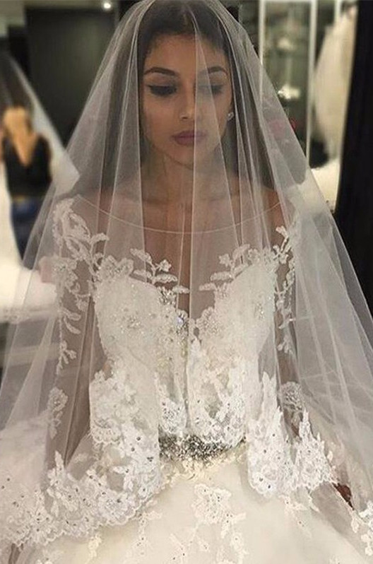 Luxury Tulle Long Sleeve Scoop Crystals Custom Made Wedding Dresses