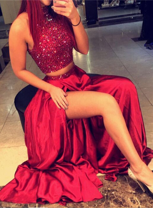 Newest Red Two Piece Beads A-line Prom Dress