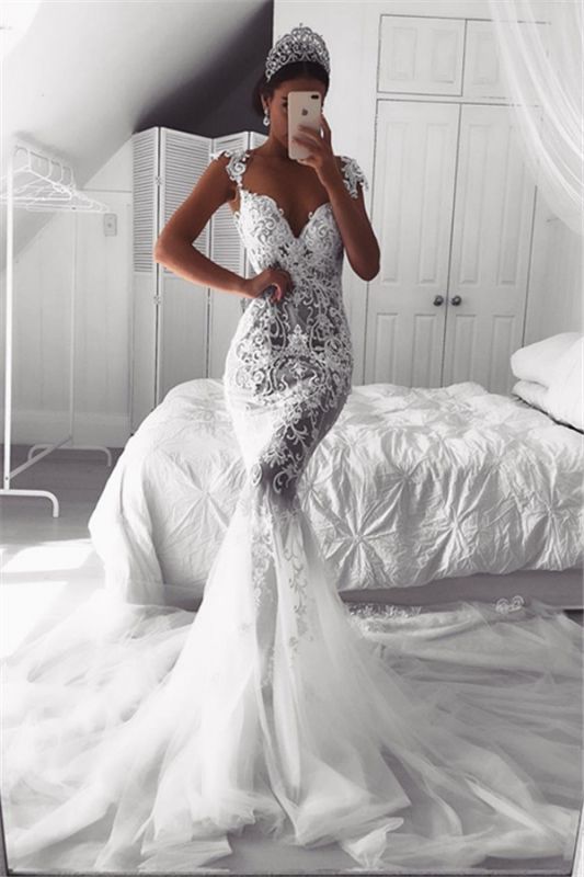 Beautiful Lace Mermaid Straps Cap Sleeve Wedding Dresses | Modest Online  Bridal Gowns BA9614