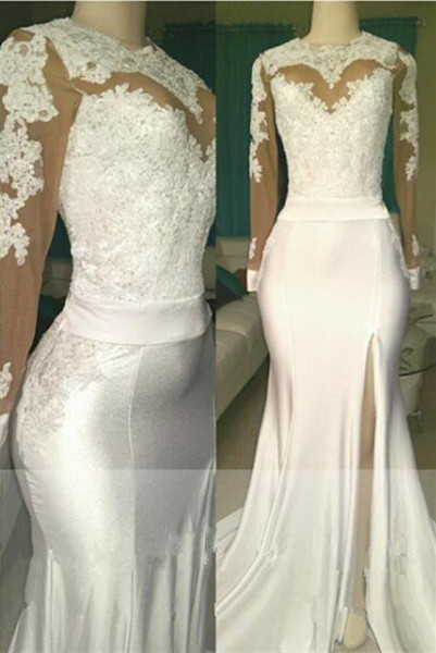 Open Back Long Sleeve White Long Prom Dresses  | Mermaid Lace Formal Dresses with Sleeves