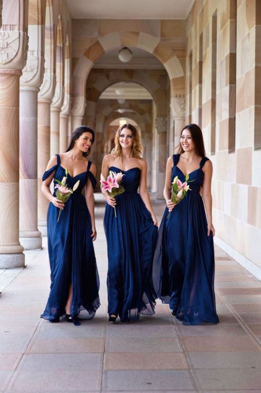 Elegant Dark-Navy Chiffon A-line Long Summer Bridesmaid Dresses