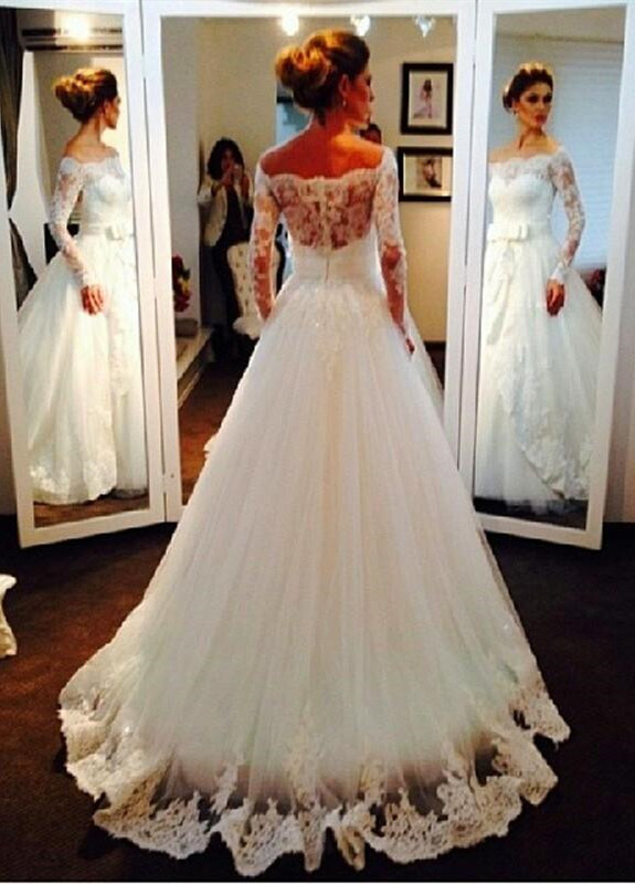 Off The Shoulder Long Sleeve Elegant Lace Bowknot Tulle Wedding Dresses