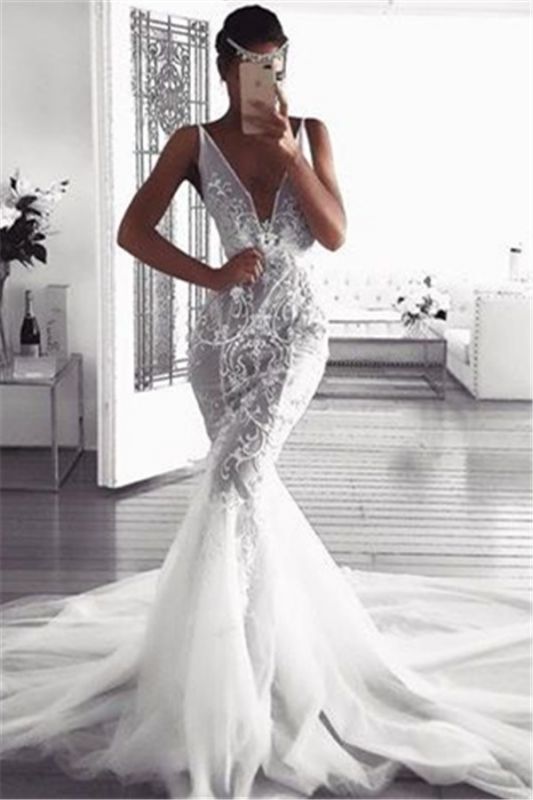 Gorgeous Mermaid Deep V-Neck Wedding Dresses | Sleeveless Tulle Lace Appliques Bridal Gowns
