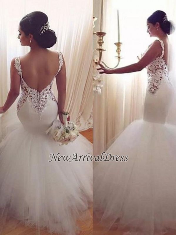 Lace Appliques V-Neck Sexy Mermaid Wedding Dresses  Online Sleeveless Tulle Bridal Gowns