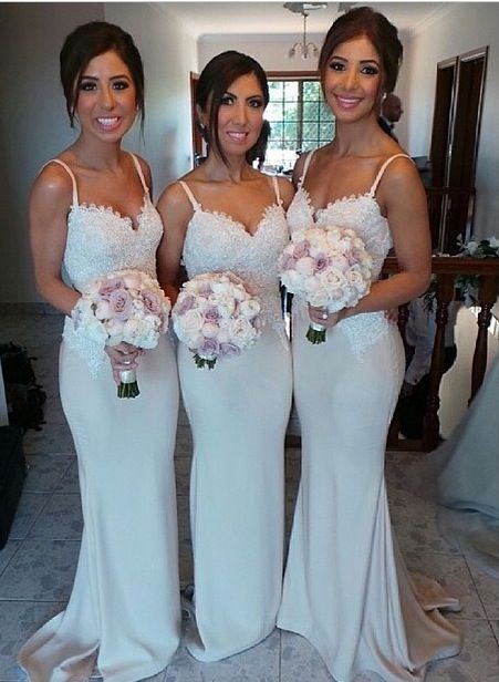 White Sexy Charming Bridesmaid Dresses Spaghetti Strap Lace GloriousWedding Party Gowns