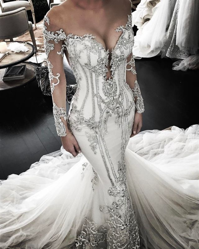 Elegant Beautiful Lace Appliques Mermaid Long Sleeve Wedding Dresses | Mermaid Online  Bridal Gowns