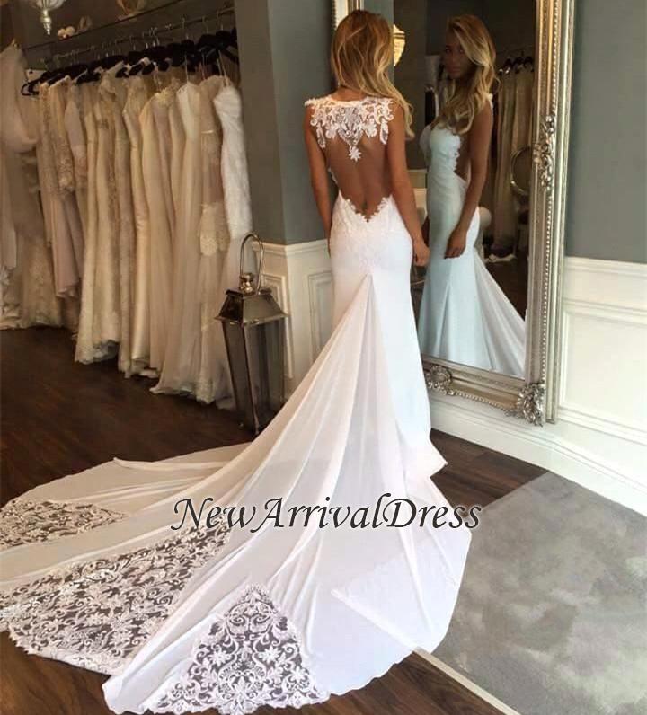 Sleeveless Open Back Lace Sexy Bridal Gowns  | Newest Mermaid Chapel Train Wedding Dresses