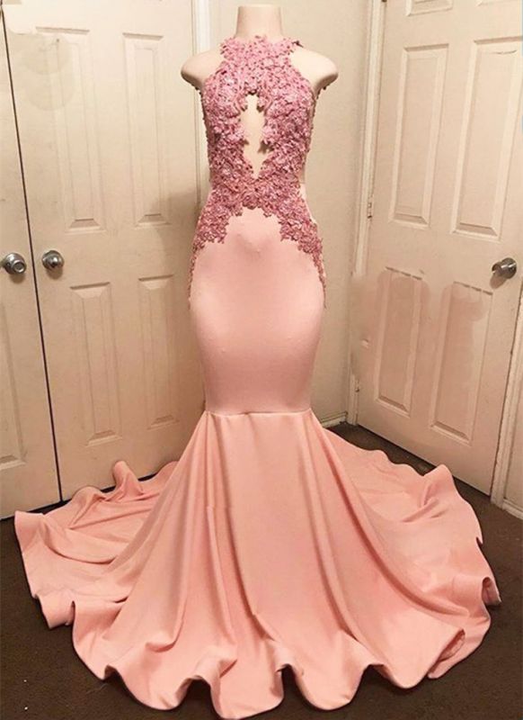 Sexy Sleeveless Halter Pink Lace Appliques Mermaid Prom Dresses  with Court Train