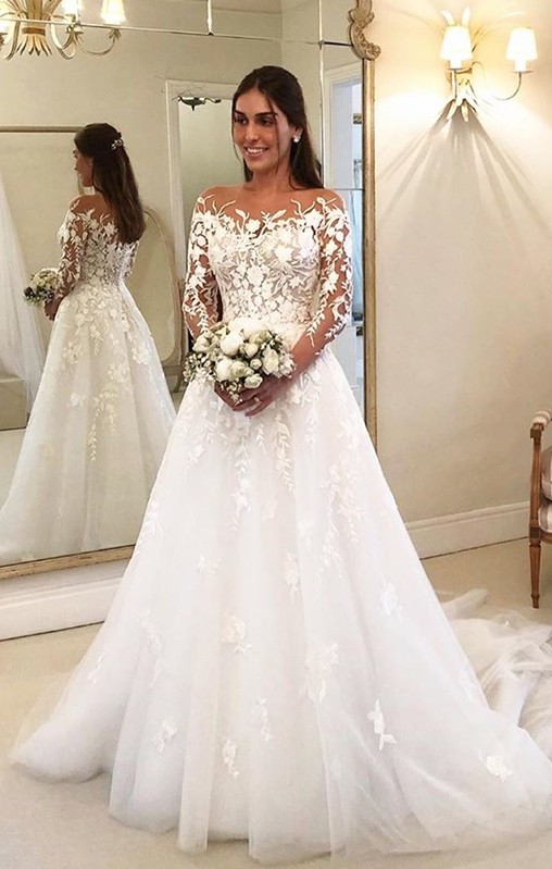 Belles robes de mariée en ligne A à manches longues avec des appliques en dentelle florale