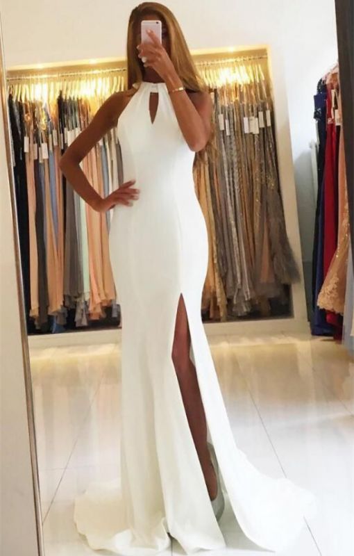 Halter Mermaid Simple Open-Back Sleeveless Side-Slit Evening Dresses