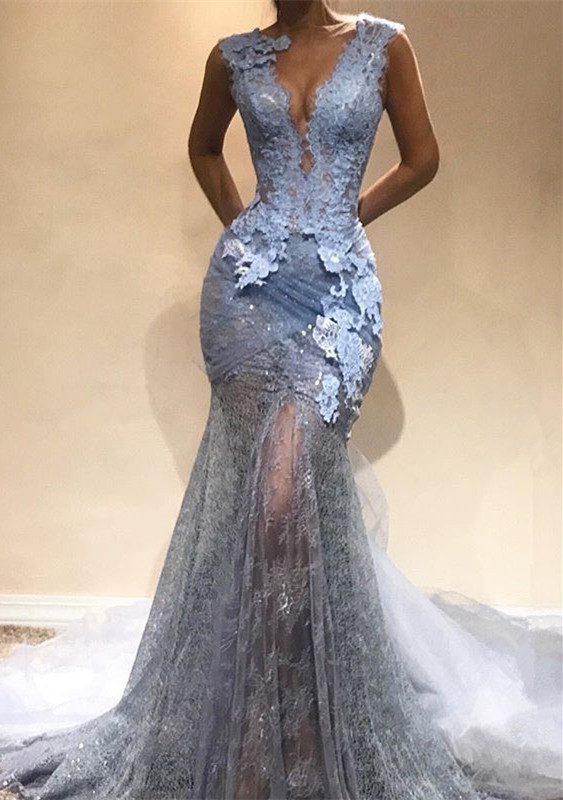 Modest Straps Lace Sheer Mermaid Evening Dress |Sleeveless Evening Gown BA9567
