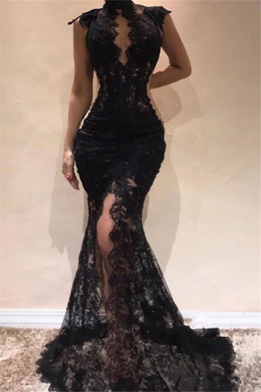 High Neck Lace Black Prom Dresses  | Sleeveless Front Slit Long Evening Dresses Online
