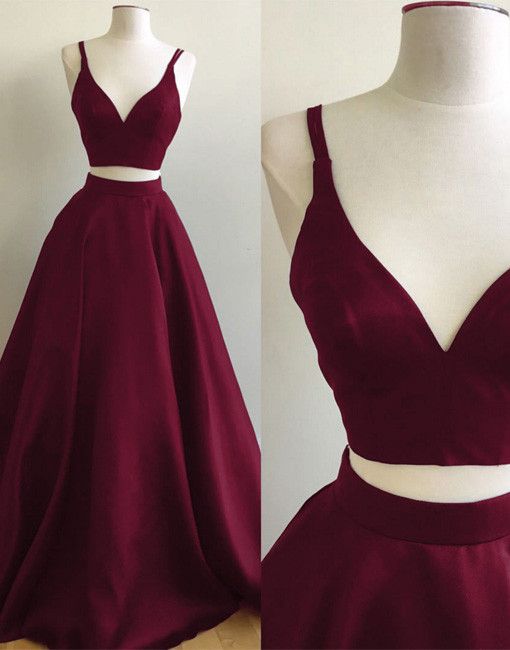Elegant Straps Burgundy Evening Gowns | Custom Made Two Piece Sleeveless Prom Dresses