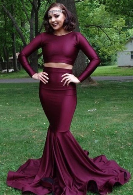 Burgundy two piece prom dress, long mermaid evening gowns BA8861