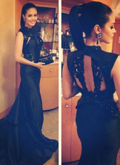 High Neck Black Applique Mermaid Evening Gowns Peplum Vestidos Hollow Back Formal Prom Dresses