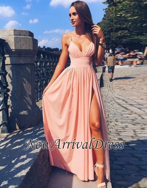 A-line Deep-V-Neck Side-Slit Sexy Spaghetti-Straps Prom Dresses