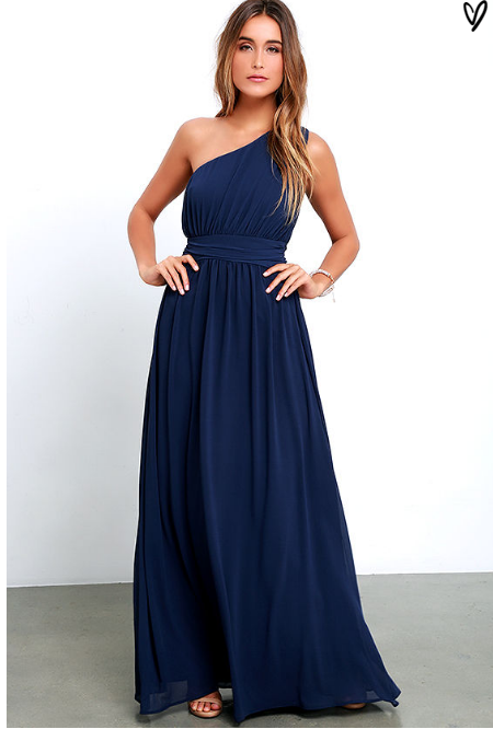 Elegant Navy Blue One Shoulder Prom DressesChiffon Long Floor Length BA3598