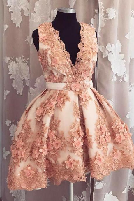 Unique Flowers Short Sleeveless V-neck Custom Made A-line Sexy Short Homecoming Dresses