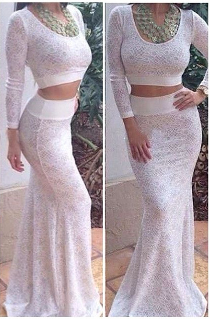 Modest Two Piece Lace Jewel Long Sleeve Long Prom Dress