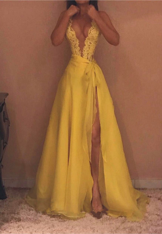 Sexy Abendkleid mit gelben Trägern und tiefem V-Ausschnitt | Abendkleid mit Frontschlitz
