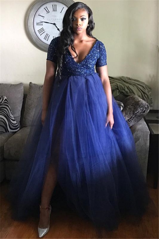 V-Neck A-line Short-Sleeves Plus-Size Tulle Prom Dress