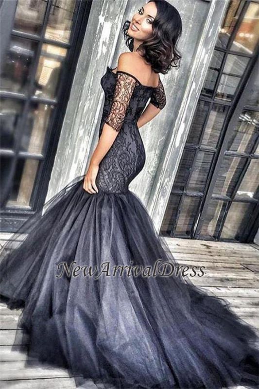 Mermaid Tulle Black Off-the-shoulder Court-Train New Half-Sleeves Lace Evening Dresses BA3948