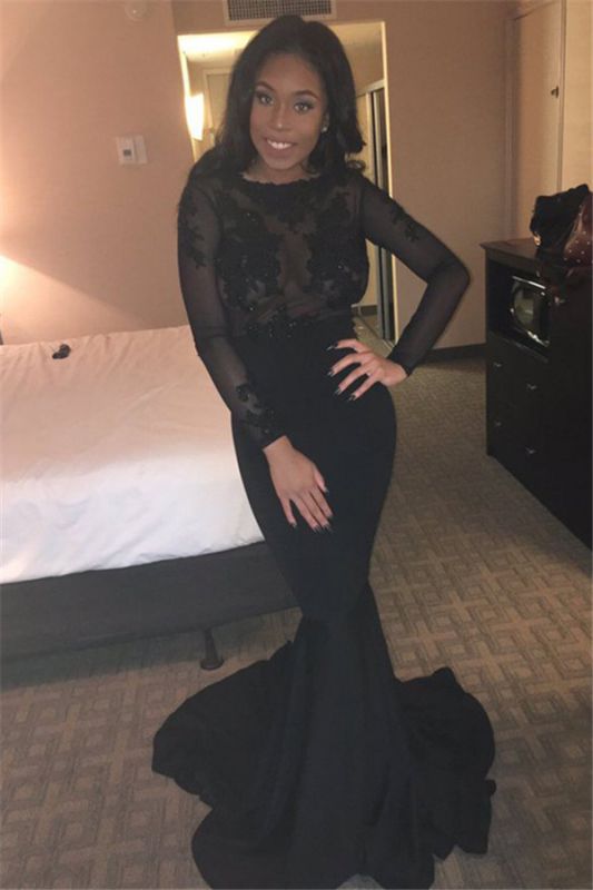 Backless Long-Sleeves Black Sheer Lace Mermaid Sexy Evening Gown