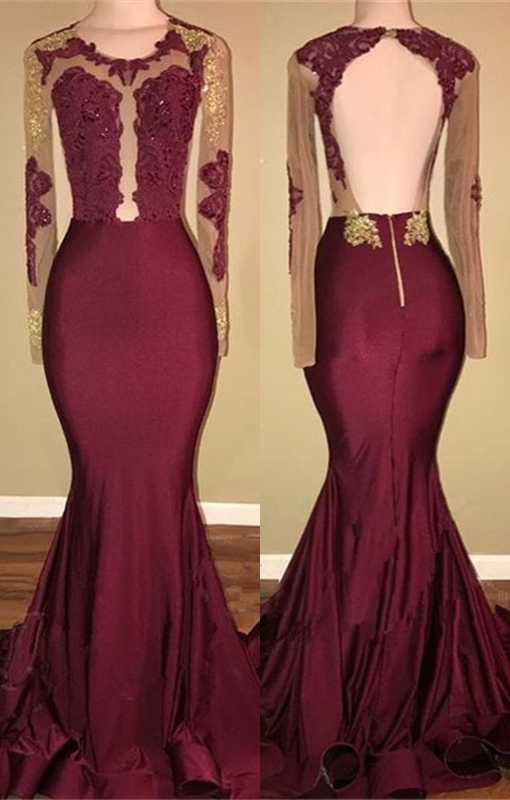 Burgundy Long-Sleeve Prom Dress |Lace Long Evening Gowns BA8439