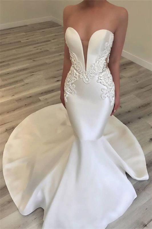 Elegant Sweetheart Mermaid Satin Bridal Gowns | Sexy Lace Open Back Wedding Dresses 2021 BC0628