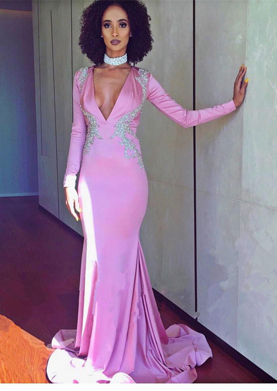 Pink V-Neck Pink Prom DressLong Sleeve Mermaid With Crystal