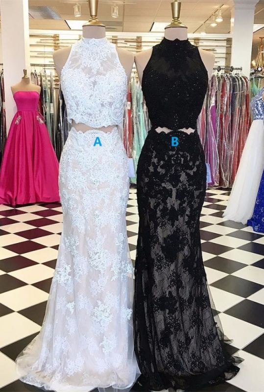 Lace High Neck Mermaid Two Piece Prom Dresses
