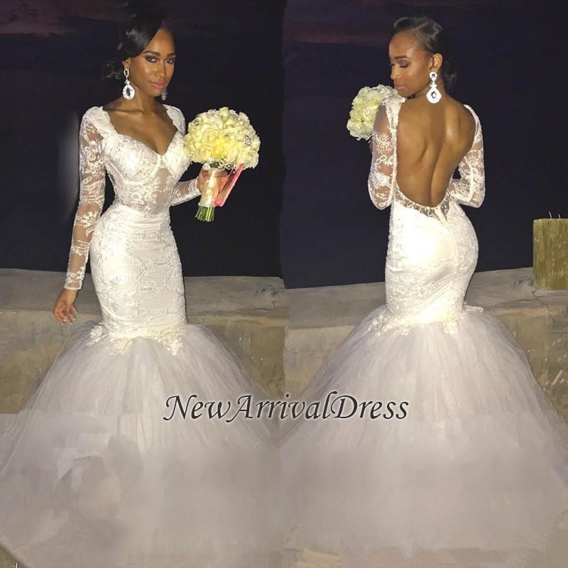 Mermaid Long Sleeve Beautiful Lace Open Back Wedding Dresses