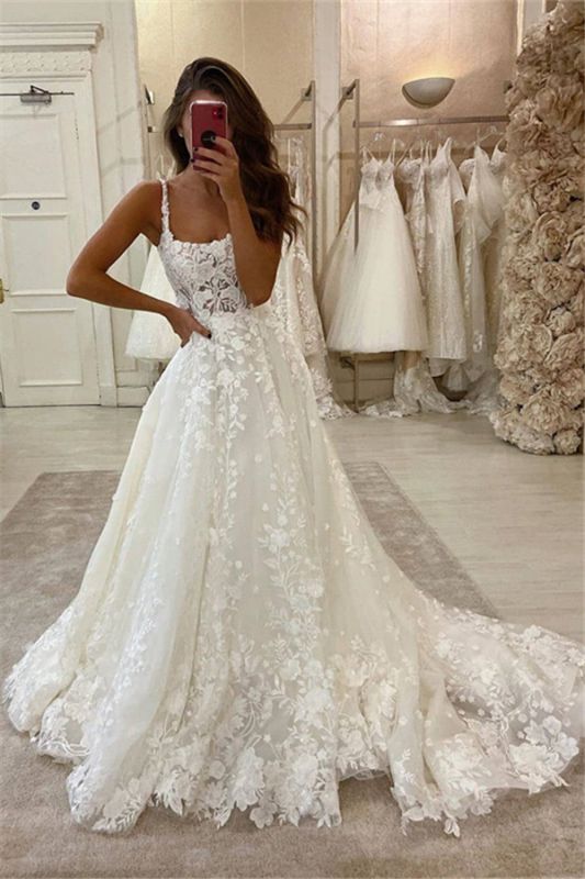 Glamorous Lace Appliques Spaghetti Straps Wedding Dresses | A-line Sweep Train  Bridal Gowns