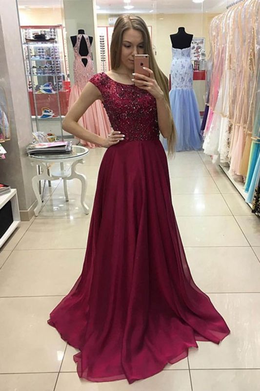 Newest Jewel Cap Sleeve Beading A-line Prom Dress