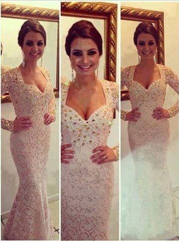Sexy Prom Dresses Sweetheart White Beading Crystals Lace Mermaid Floor Length Long Sleeves Evening Gowns