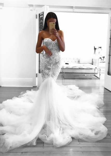 Vestidos de novia transparentes de encaje hermoso cariño romántico | Vestidos de novia baratos en línea de sirena