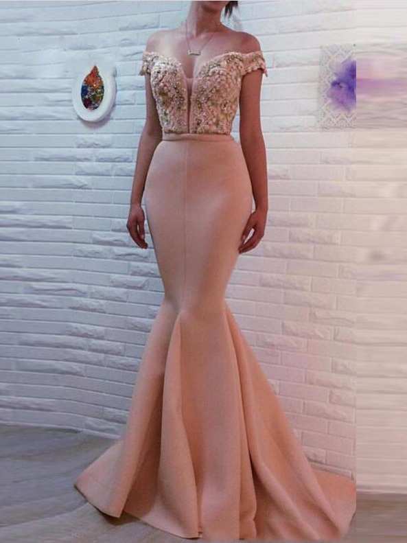 Glamorous Off-The-Shoulder Pearls Pink Mermaid Prom Dresses