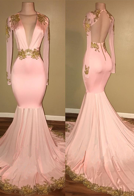 V-neck Long Sleeve Pink Mermaid Lace Prom Dresses