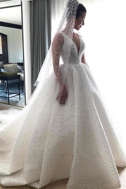 V-neck Sleeveless Full Beads Princess Royal Wedding Dress | Luxury Ball Gown Bridal Dresses 2021