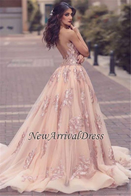 Pink Amazing Front Lace V-neck Appliques Slit Tulle Overskirt Evening Dress BA6127