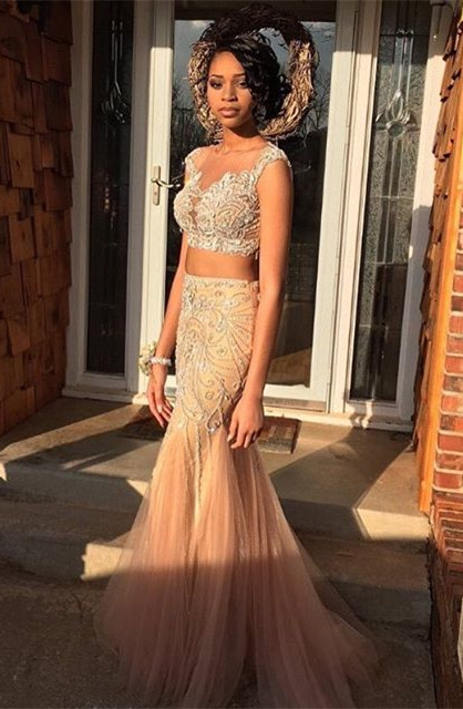 Delicate Cap Sleeve Two Piece Appliques Mermaid Prom Dress