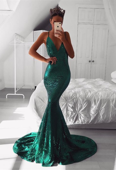 Sexy vestido de noche con lentejuelas y tirantes de espagueti verde | Vestido de noche barato