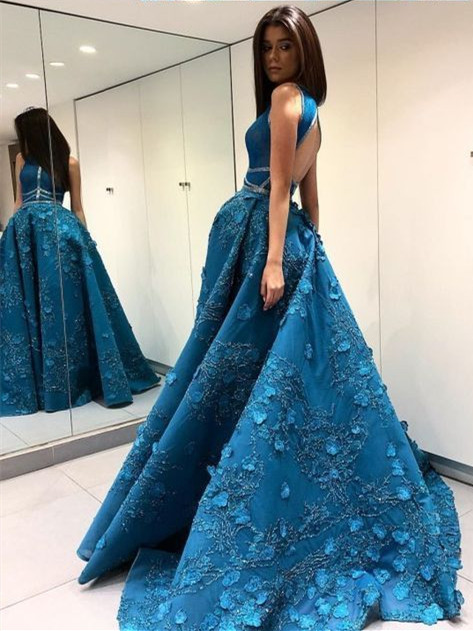 Vestido de noche de flores sin mangas atractivo de la princesa azul más nuevo | Vestido de noche moderno