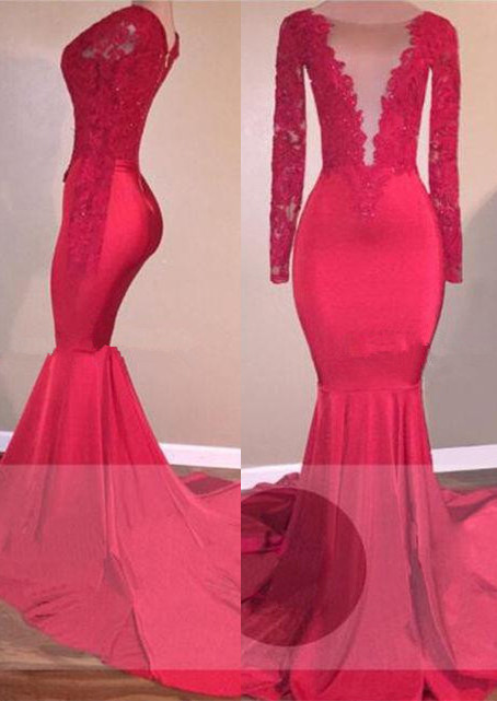 Langärmlige rote Abendkleider | Spitzenapplikationen Meerjungfrau Ballkleider Günstige