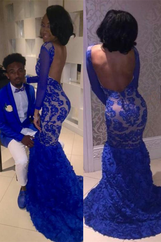 Royal blue mermaid prom dress,lace evening dress BK0 BA8215