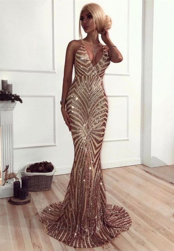 Robe de bal sexy à bretelles spaghetti sirène pailletée | Robe De Bal Dos Nu